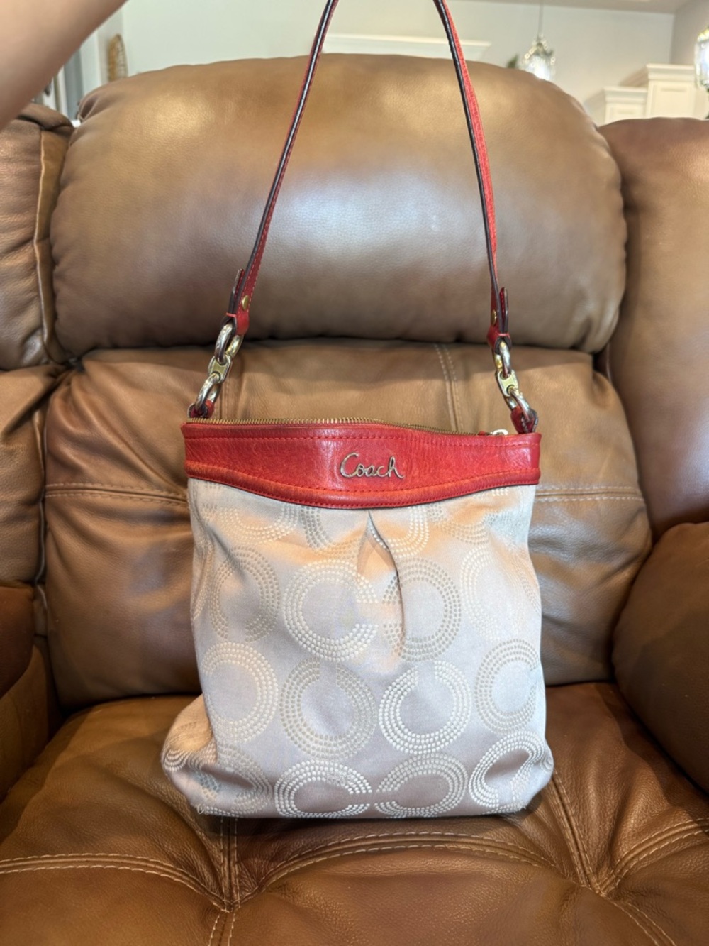 Coach Beige Canvas Shoulder Bag with Red Leather Trim and Strap vintage y2k